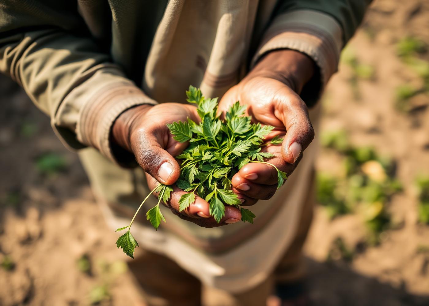 A farmer holding fresh green leaves