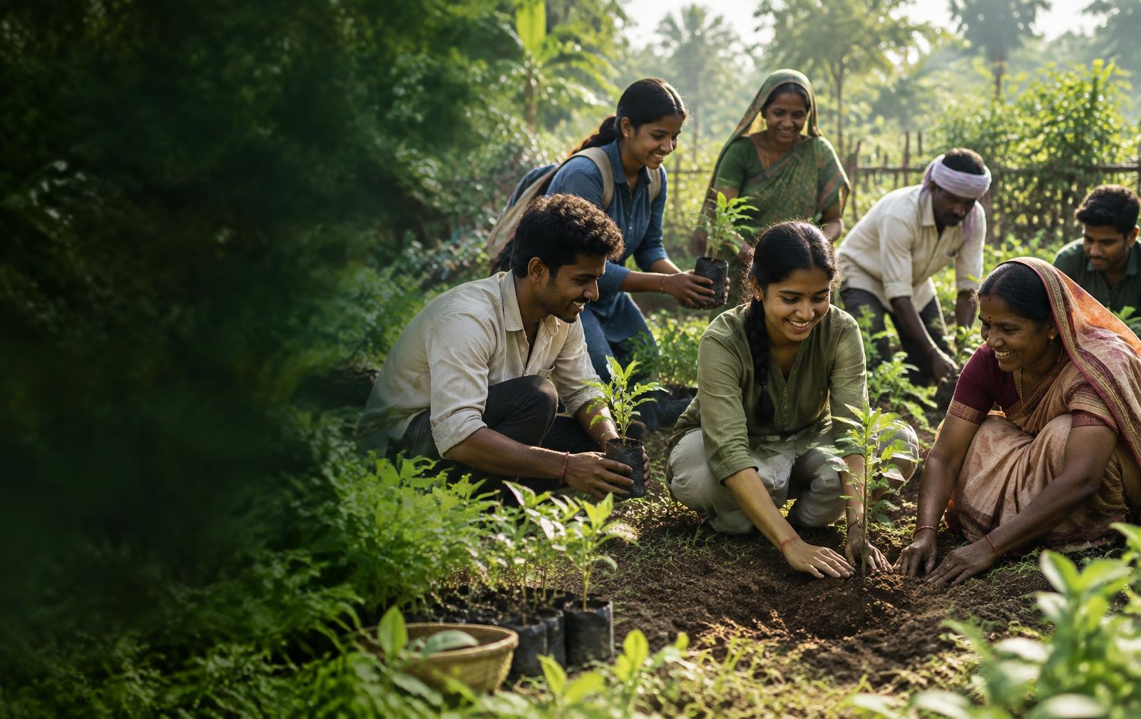 Farmers and volunteers planting saplings together